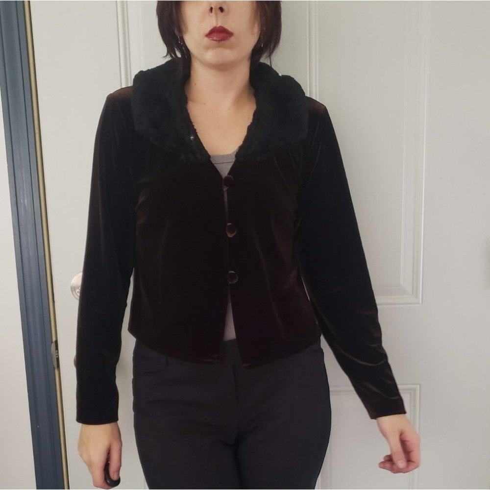 90s/Y2K Brown Velvet Cardigan‎ with Faux Fur Collar